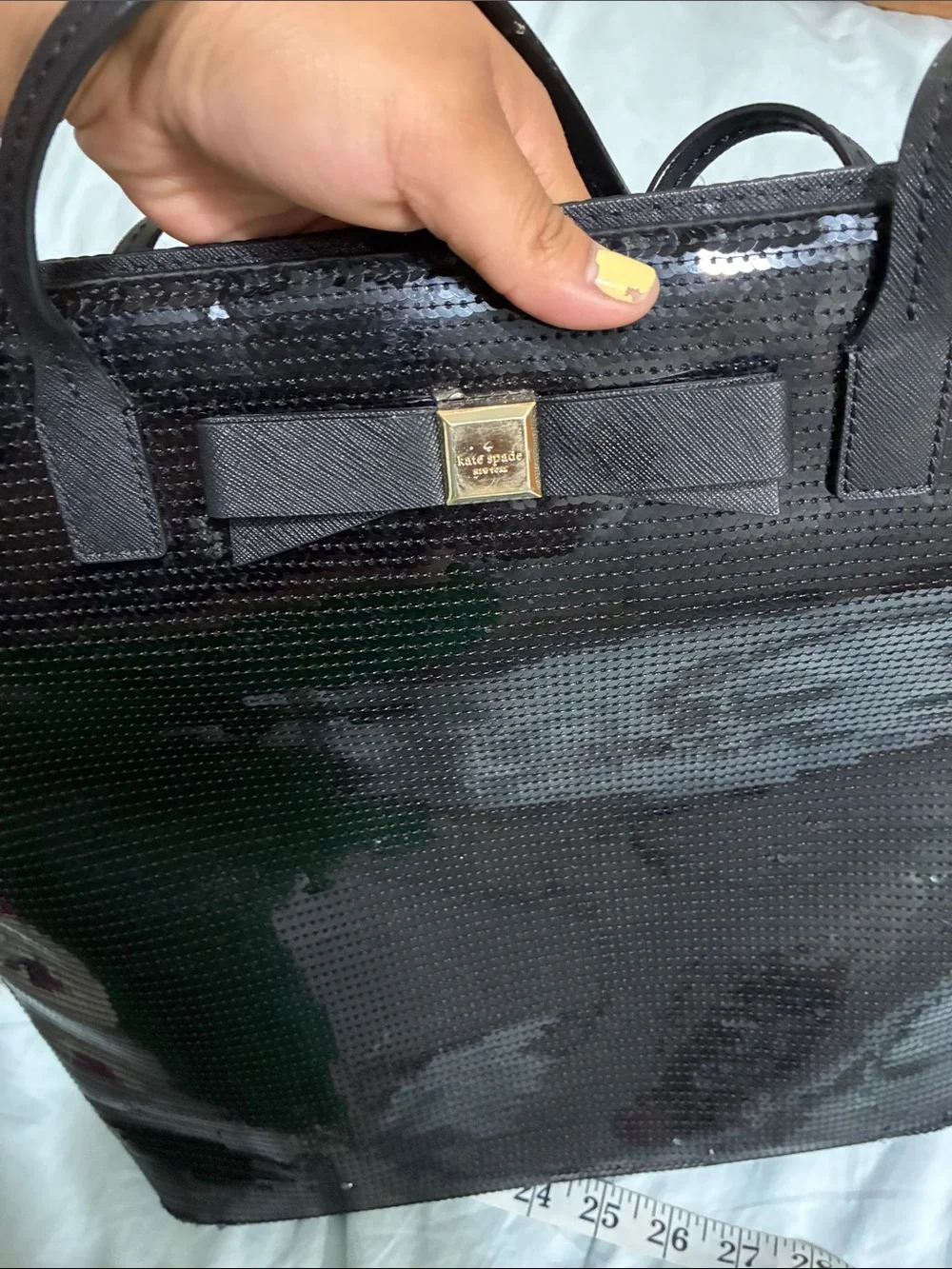 Kate & Spade NY Salinas Sequin Black Patent Tote Bag with Bow Accent